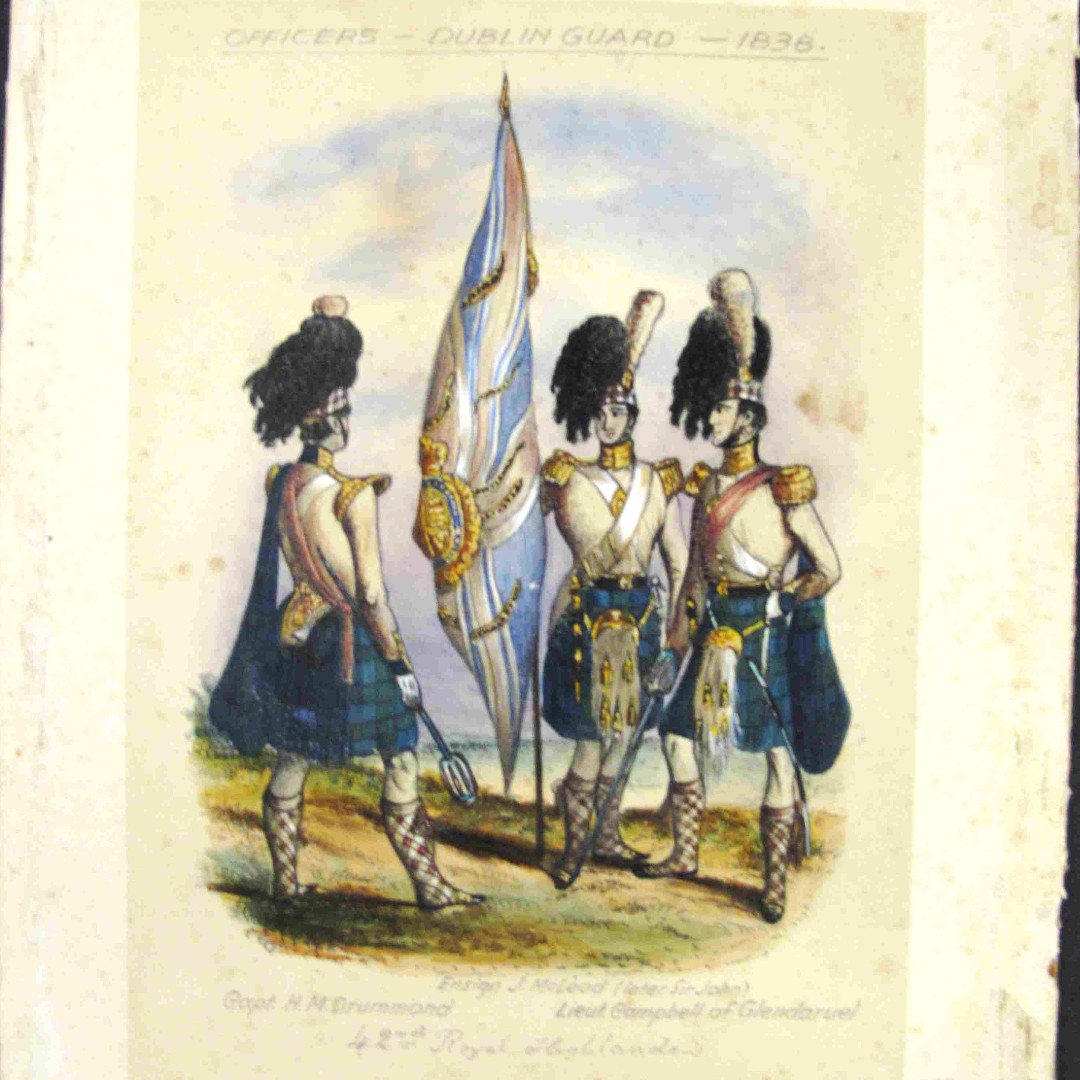 This oil painting of 3 Officers of the 42nd Royal Highlanders titled 'Officers - Dublin Guard - 1838'. The soldiers' names are listed below 'Ensign J. McLeod (later Sir John), Captain HM Drummond, Lt. Campbell of Glendaruel, 42nd Royal Highlanders' #BlackWatch #Regiment #museum