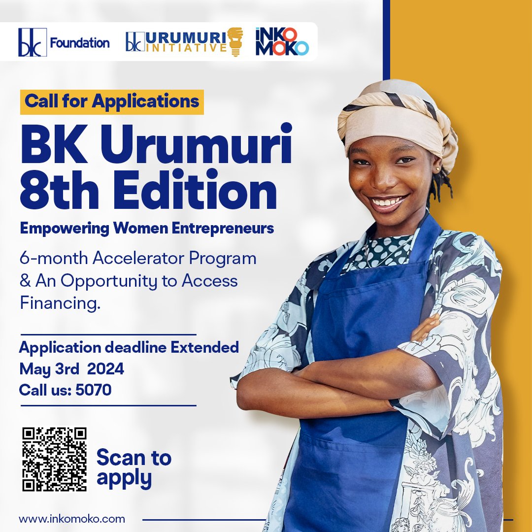 📢 The deadline to apply for #BKUrumuri has been extended to Friday, May 3rd. Join the program to receive 6 months of expert guidance for your business and access financial support to fuel your business growth through an interest-free loan. Apply: bit.ly/4azwUPY