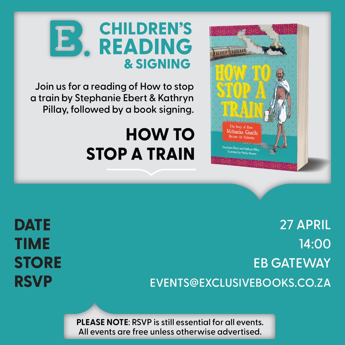 📍🗓️ Join us at EB @GatewayUmhlanga for an exciting children's reading and signing of How to Stop a Train by Stephanie Ebert and Kathryn Pillay. @PanMacmillanSA @PanMacKids RSVP to events@exclusivebooks.co.za