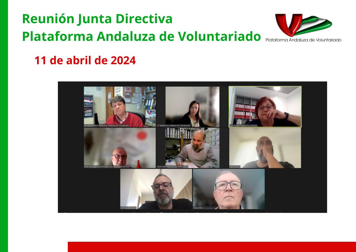 Celebrada reunión de Junta Directiva de la PAV en la tarde del jueves 11 de abril donde hemos perfilado el trabajo de los próximos meses
#Hacemosvoluntariado #voluntariadoandaluz #Contigo