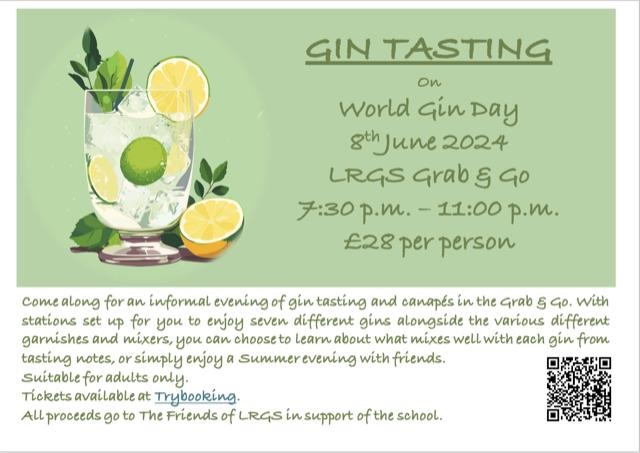 The Friends of LRGS invite you to celebrate World Gin Day with them on Saturday 8 June at 7.30pm. Adults only!! 🍸 All proceeds help support pupils at LRGS. Book here: trybooking.com/uk/events/land…?