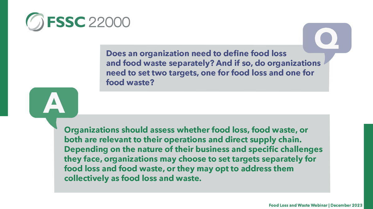 How should companies define #foodloss and #foodwaste and set corresponding targets to meet the #FLW requirements in #FSSC22000 Version 6? Our Guidance Document gives examples of targets for both. Download it free of cost from the #FSSC website: ow.ly/c27t50QZujp