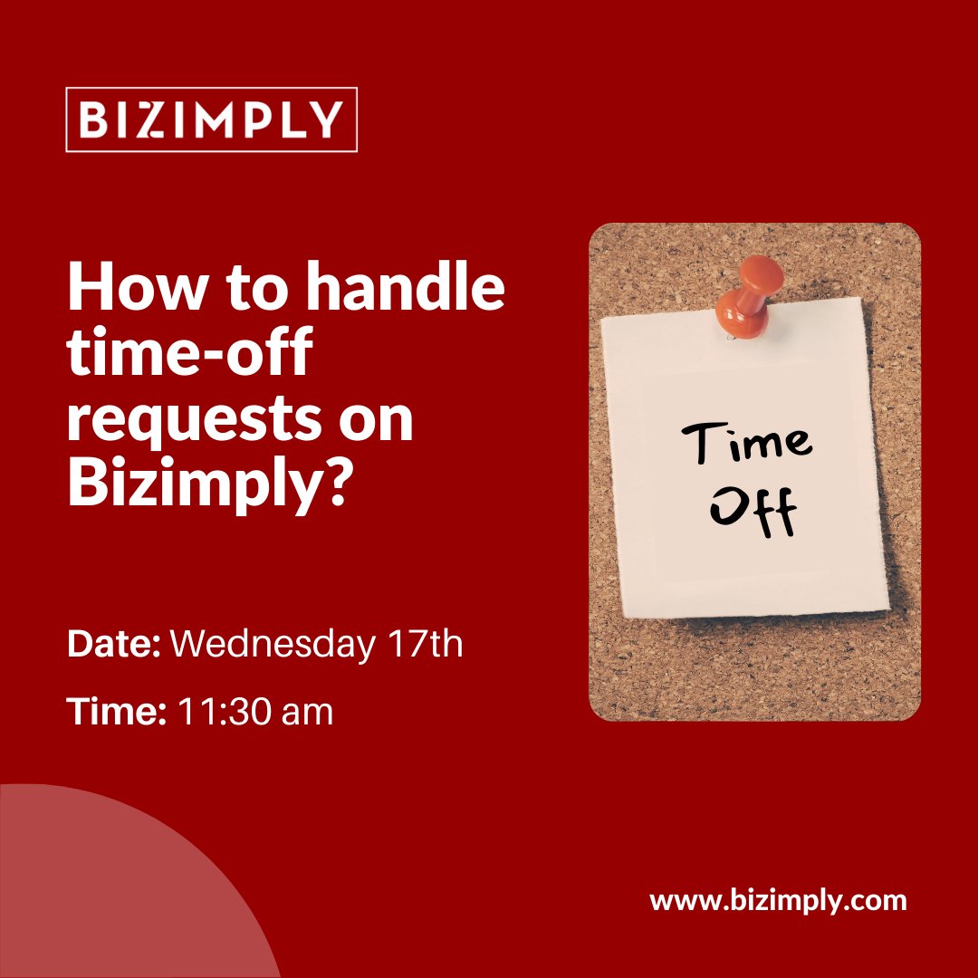 ⏰ Join us this Wednesday morning to master time-off management in Bizimply! Learn to customize settings, handle requests, and get live support from our CS team. Secure your spot by registering via the link: hubs.la/Q02s-Ch10

See you there! #BizimplyWebinar