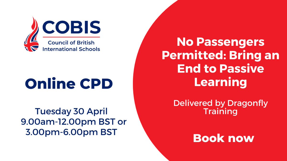 This online CPD course will help you to prevent your pupils from becoming ‘passengers’ by giving you the tools to set up lessons to ensure the students work harder than they’ve done before. Book here: cobis.org.uk/professional-l… @Dragonfly_Edu