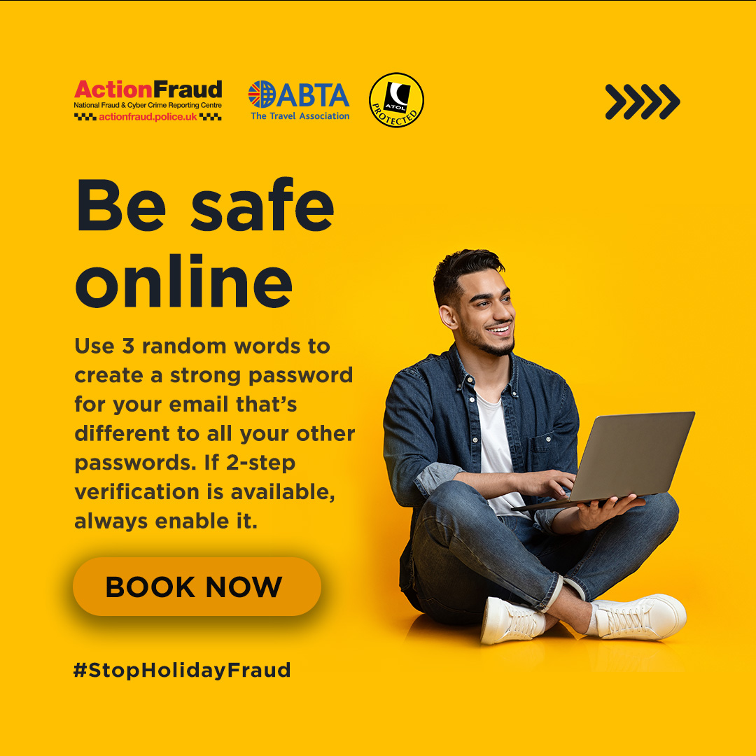 🔐 Protect your sensitive information while booking your holiday online. If your email is hacked, your booking could be at risk too. ✅ Use 3 random words to create a strong password ✅ Enable 2-step verification Visit for more tips: actionfraud.police.uk/holidayfraud #StopHolidayFraud