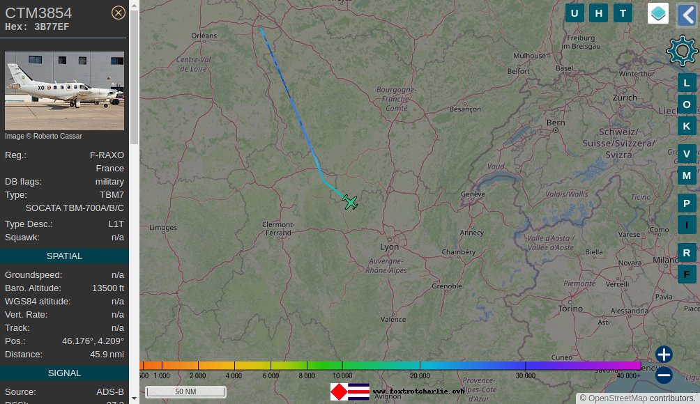 FrenchAirForce Socata Tbm 700 🛫 ascending in range of ChalonSurSaone receiver at 20575ft at 237.9mph heading SE with tail 125 ident CTM3854 ICAO code 3B77EF France 📡 foxtrotcharlie.ovh/todaymil
