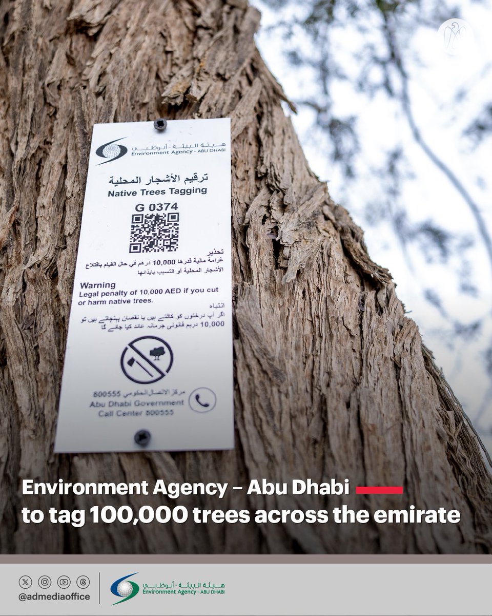 .@EADTweets has expanded the native tree-tagging programme to include all naturally occurring trees in Abu Dhabi's wild habitats and natural reserves, aiming to tag approximately 100,000 trees, including ghaf, samar and sidr trees, preserving biodiversity in the emirate.