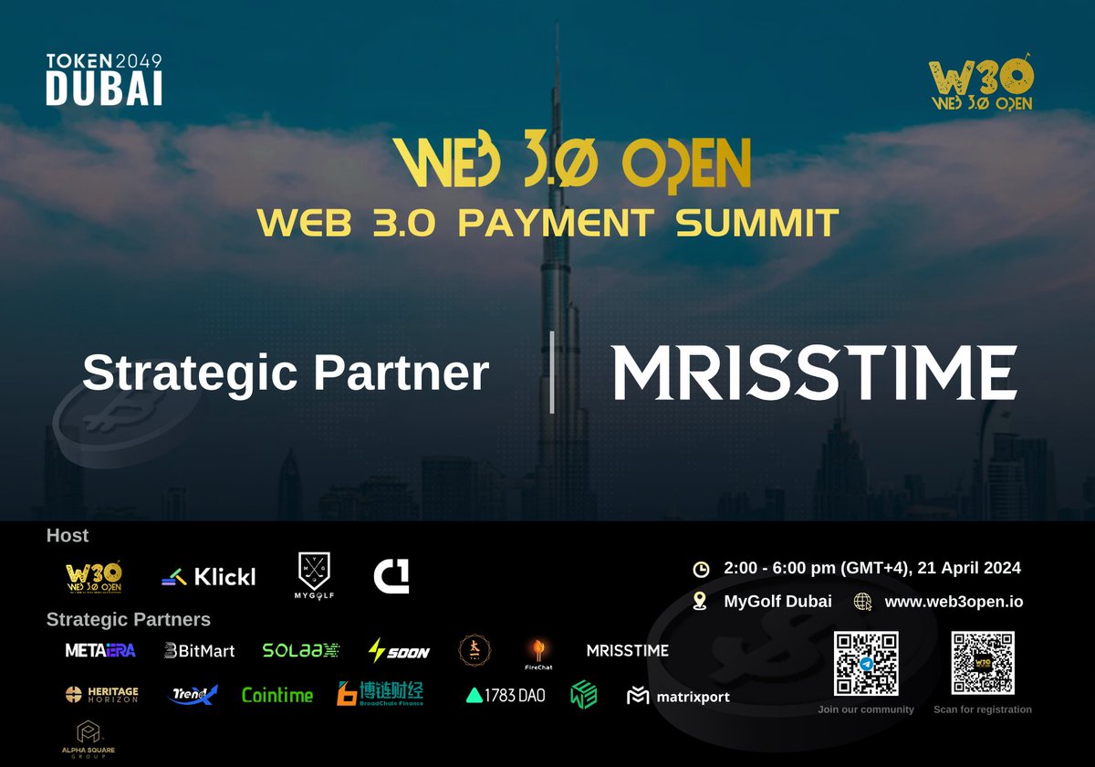 web3_open's tweet photo. 🌐 Exciting Update! Get ready for the Web 3.0 Payment Summit on April 21, where we are delighted to feature our esteemed Strategic Partner, MRISSTIME.

🎟️ Scan the QR code to register and become a part of our expanding community! https://t.co/TLauCxAV2c
