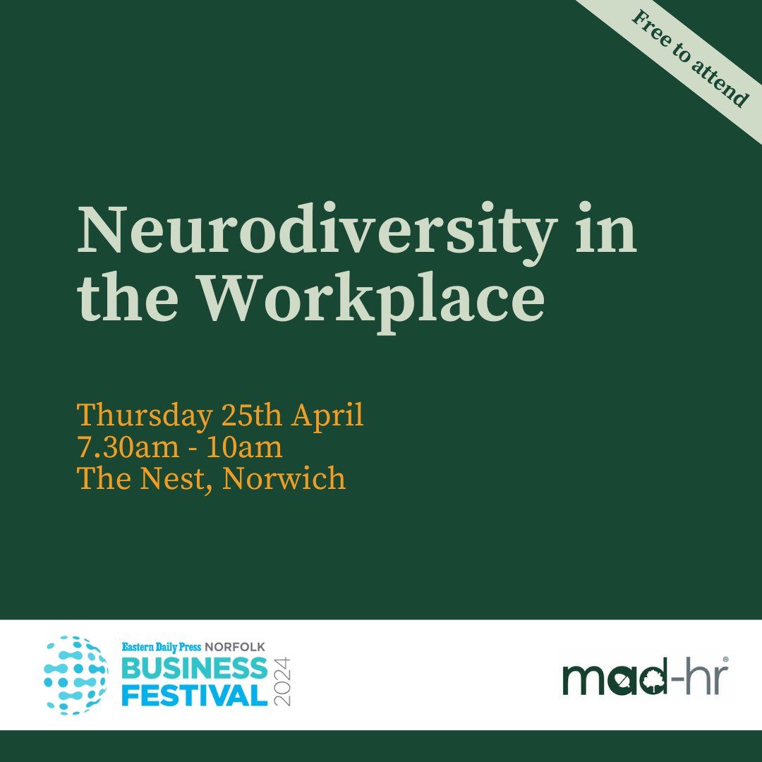 Next week our workshop on Neurodiversity in the Workplace will take place at The Nest. 

Join us for this free event, Thursday 25th April at The Nest. 

eventbrite.co.uk/e/neurodiversi…

#Neurodiversity #NorfolkBizFest #EDPBizFest 

@EDP24 @LOCALiQ_UK @norfolkchamber @NorwichBIDUK