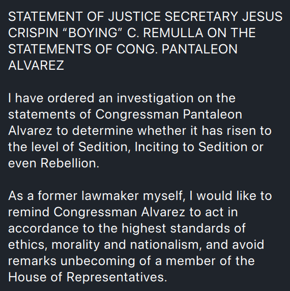 PANTY ALVAREZ TO BE INVESTIGATED FOR SEDITION BY DOJ Circulating around Philippine media currently. Disgraced FORMER House Speaker and now noted carnival circus barker in a costume Panty Alvarez (PDR/PDP-LABAN) is going to be investigated by the Department of Justice for