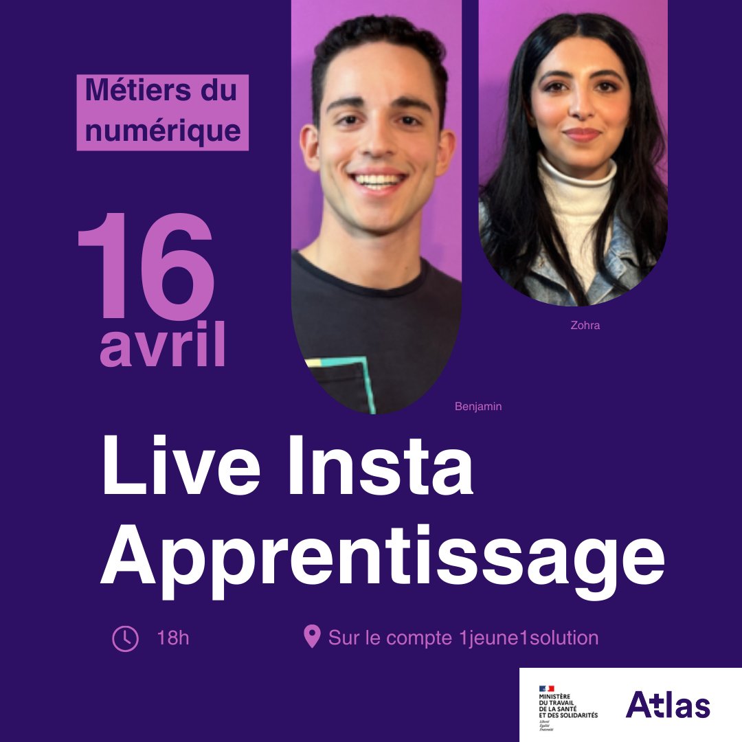 Vos #étudiants se posent des questions sur les #métiers du #numérique et l'#apprentissage ❓ Ça tombe bien, on a le combo gagnant à leur proposer ⤵️ 2️⃣ de nos #alternants seront en direct tout à l'heure sur le compte Instagram de @Travail_Gouv 🔗 instagram.com/1jeune1solutio…