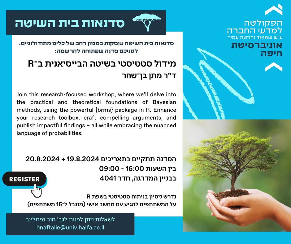 אוהבים את סדנאות "בית השיטה"? גם אנחנו🙃
הצטרפנו אלינו לסדנת: "מידול סטטיסטי בשיטה הבייסיאנית ב- R" עם ד"ר מתן בן שחר

להרשמה&gt; did.li/x7rIw

   CSS #facultyofsocialsciences# #research

<a href="/mattansb/">Mattan S. Ben-Shachar</a>