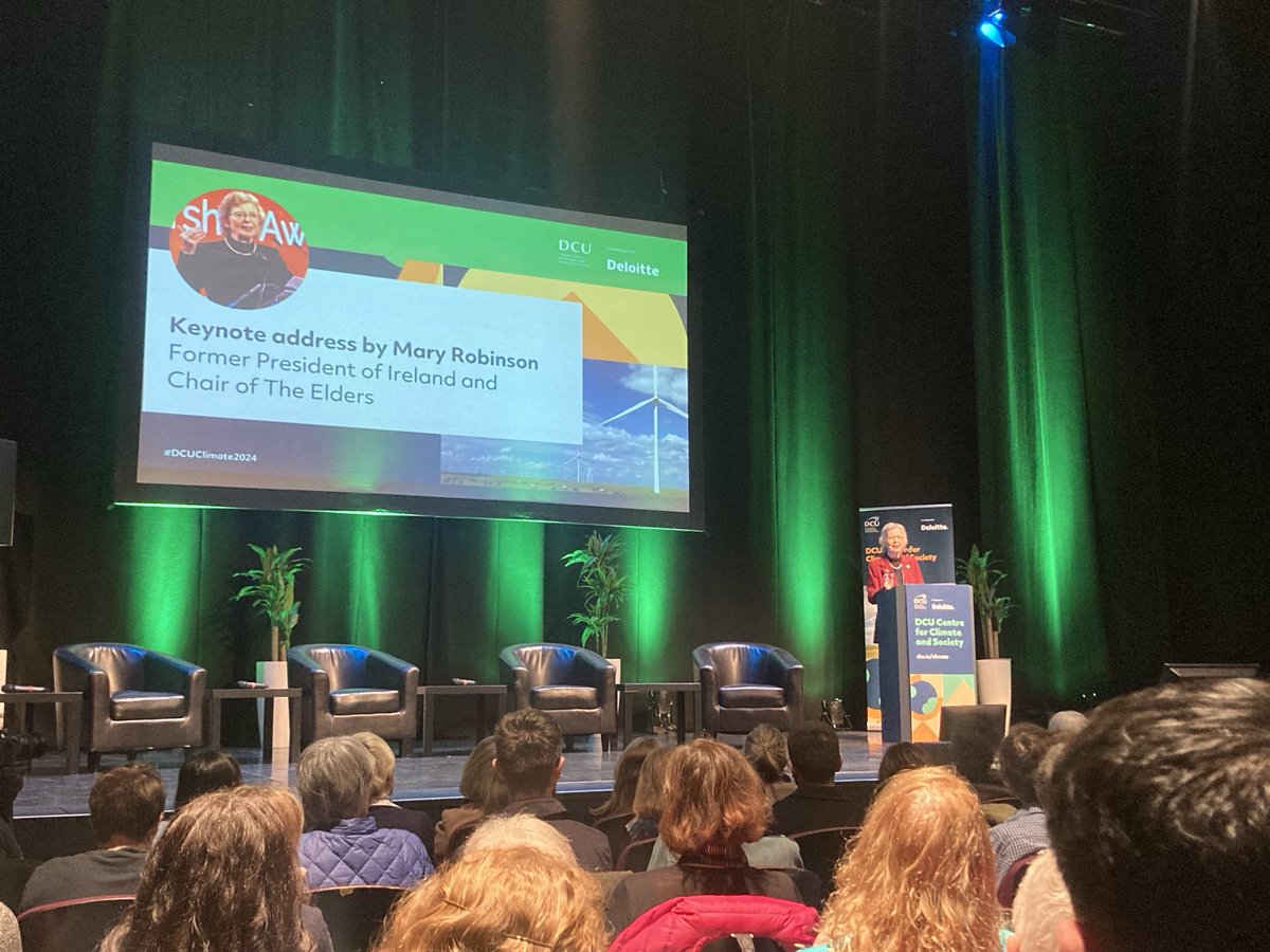 Mary Robinson -powerful voice for climate justice- receives a warm welcome at the Helix and calls for long-view leadership #DCUclimate2024 #climatejustice