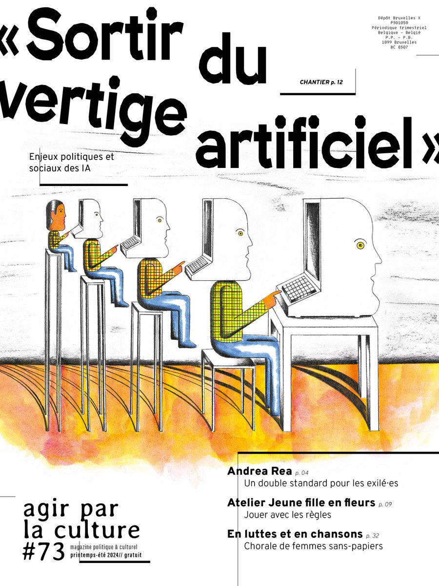 Notre nouveau N° est en ligne! Son dossier 'Sortir du vertige artificiel' porte sur les enjeux sociaux et politiques des IA. Non l'#IntelligenceArtificielle n'est pas qu'une question technique, c'est très politique ! A retrouver ici: agirparlaculture.be/category/agir-… #technocapitalisme