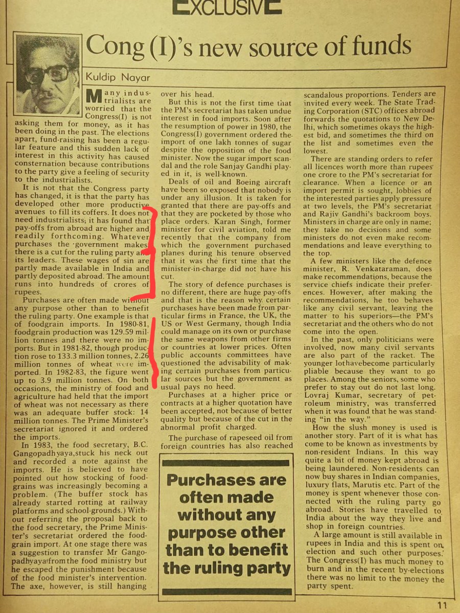 How congress got hundreds of crores of Rupees in donations, Kuldip Nayar, the noted journalist had written in this article. Congress developed new ways to make money. Industrialists were not needed anymore. Payoffs from abroad were much more lucrative. #ElectoralBonds look pale…