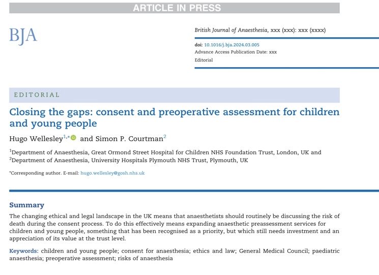 @BJAJournals Closing the Gaps: Consent and preoperative assessment for CYP
doi.org/10.1016/j.bja.…
by @GOSHAnaesthesia Hugo Wellesley @apagbi President🏅@sasakatwork
#pedsanes #anaesthesia #risk #ppoc
