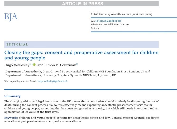 APAGBI's tweet photo. @BJAJournals Closing the Gaps: Consent and preoperative assessment for CYP
https://t.co/S1JOTne9fJ
by @GOSHAnaesthesia Hugo Wellesley @apagbi President🏅@sasakatwork
#pedsanes #anaesthesia #risk #ppoc https://t.co/syXrVExAno