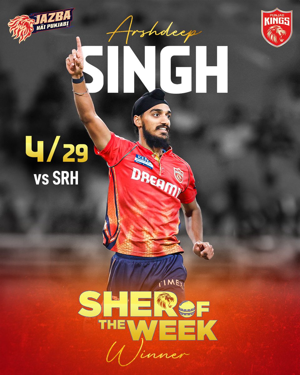 PunjabKingsIPL's tweet photo. Arsh𝐃𝐄𝐄𝐏 𝐈𝐌𝐏𝐀𝐂𝐓! ⚡

#SherSquad, the votes are in and Arshdeep is our #SherOfTheWeek for his brilliant spell against SRH! 💥

#SaddaPunjab #PunjabKings #JazbaHaiPunjabi #TATAIPL2024 https://t.co/zMRCf1frT7