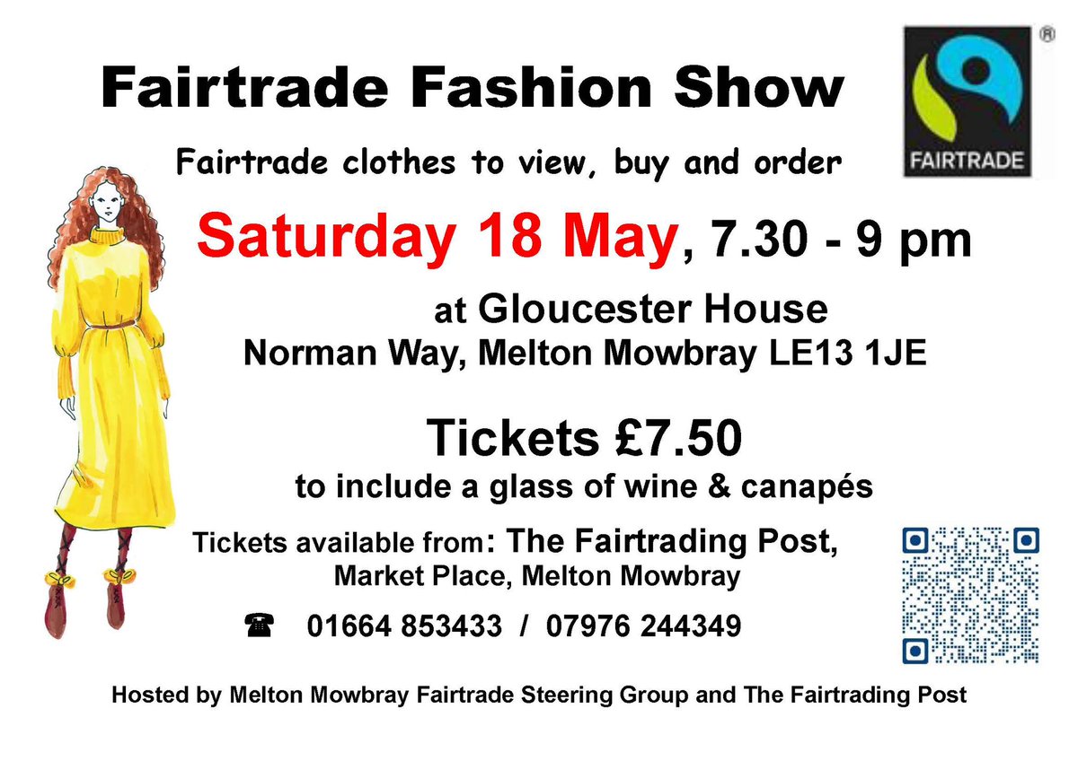 Date for the diary, The Fairtrading Post is hosting a Fairtrade Fashion Show on Sat 18th May from 7.30pm-9.00pm at Gloucester House. Fairtrade clothes to buy or order #melton #meltonmowbray #fairtrade #fashionshow @meltontimes @MyMelton6 @MeltonDirectory