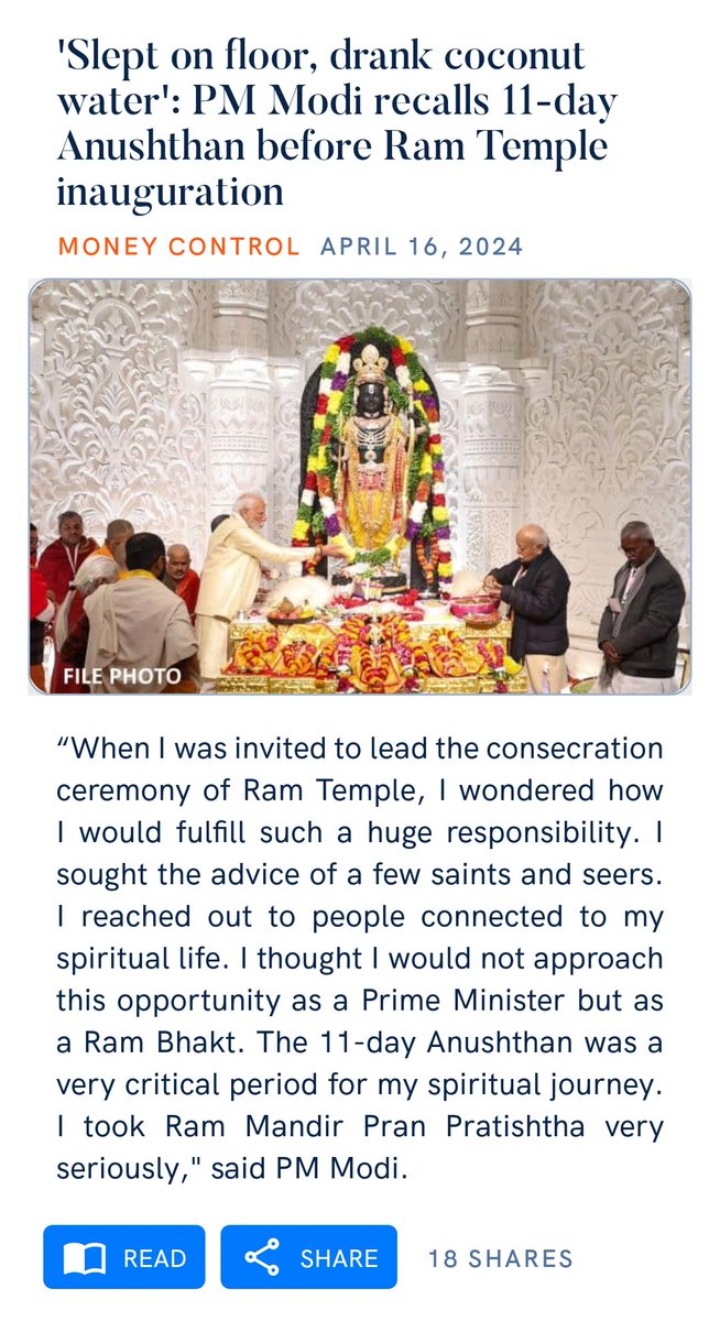 'It was not an 'event' but a seminal moment spiritual journey, slept on the floor, drank coconut water' PM @narendramodi recalls 11-day Anushthan before Ram Temple's inauguration. moneycontrol.com/elections/lok-…