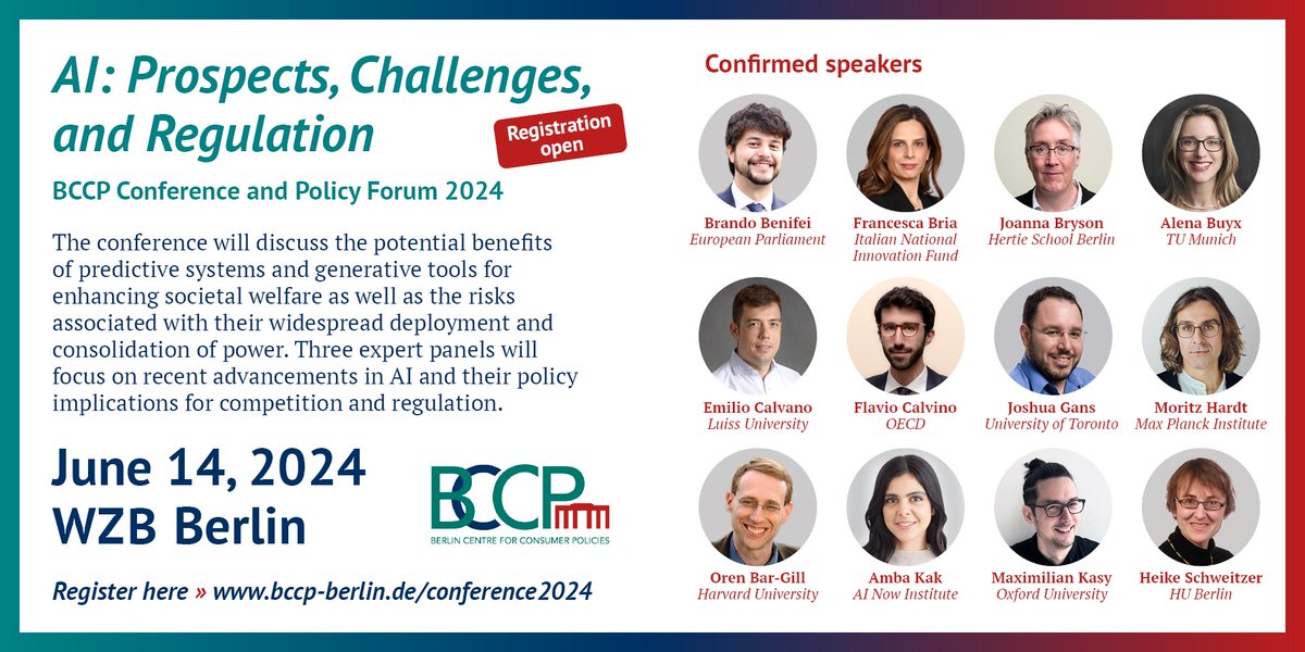 🗓️Join this year's @BCCPBerlin Conference and Policy Forum on June 14 at @WZB_Berlin – let's chart the course for responsible AI development and explore the regulatory initiatives shaping our AI-driven future. Sign up now! bccp-berlin.de/conference2024 #EconTwitter #bccpconf