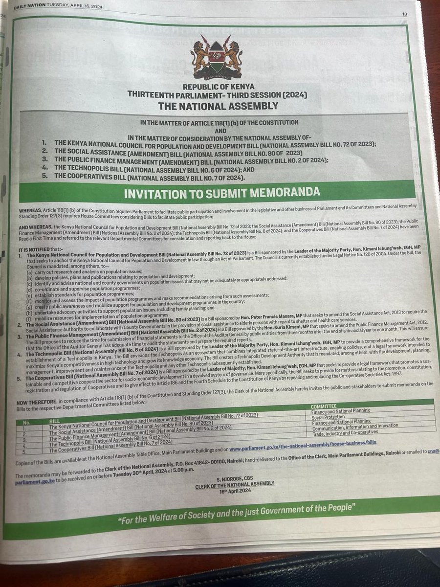 In accordance to article 118 (1) b of the Constitution of Kenya, the Parliament is inviting submission of memoranda from the public and stakeholders on the Kenya National Council for Population and Development Bill of 2023. The Public can submit their memoranda to the Finance and…