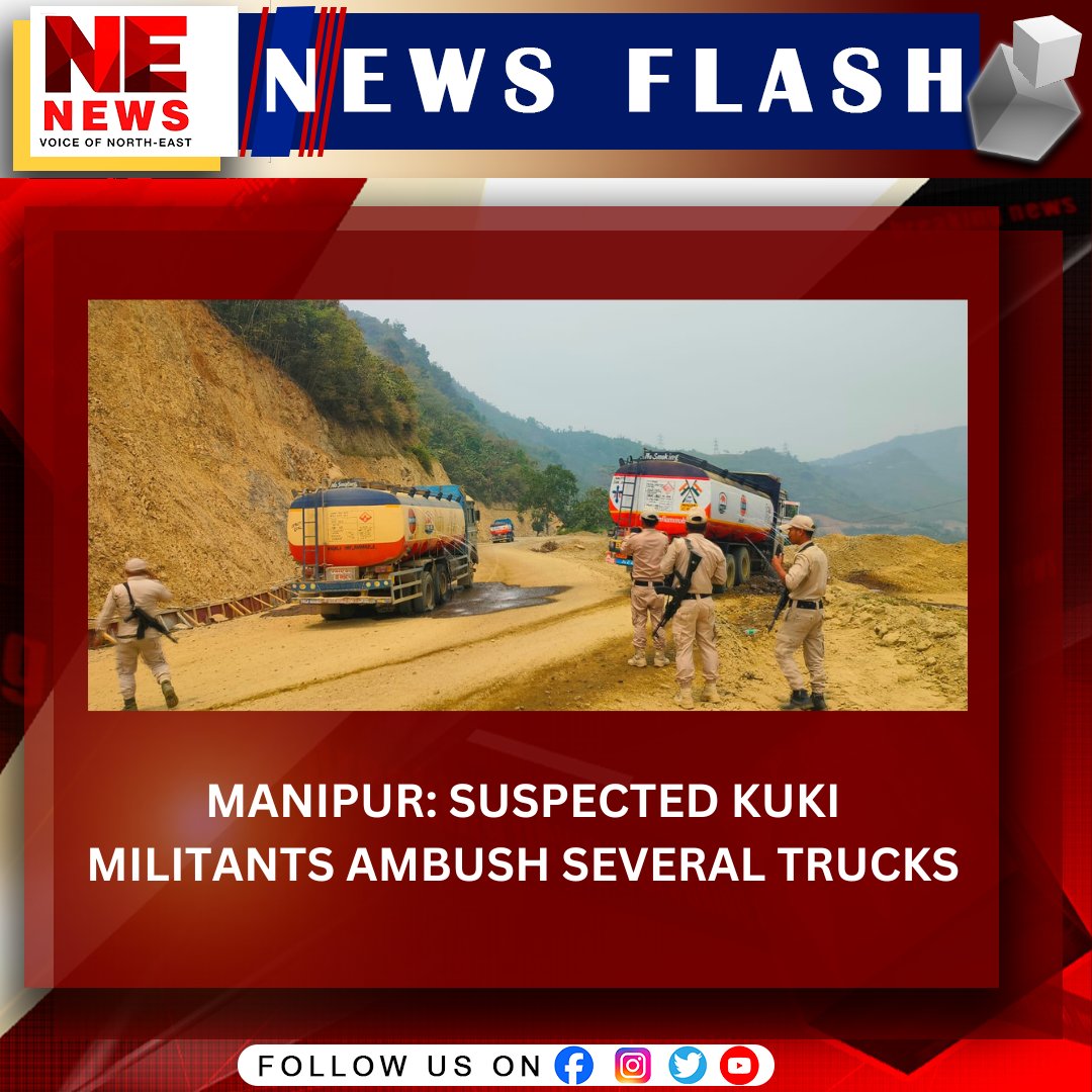 Suspected Kuki militants ambush several trucks today afternoon plying on National Highway 37, Imphal Jiribam road at near Tollen Kuki village.  

During the ambush, one driver sustained bullet injury in his feet.  

#Manipur #ManipurViolence #KukiAtrocities #nenewslive