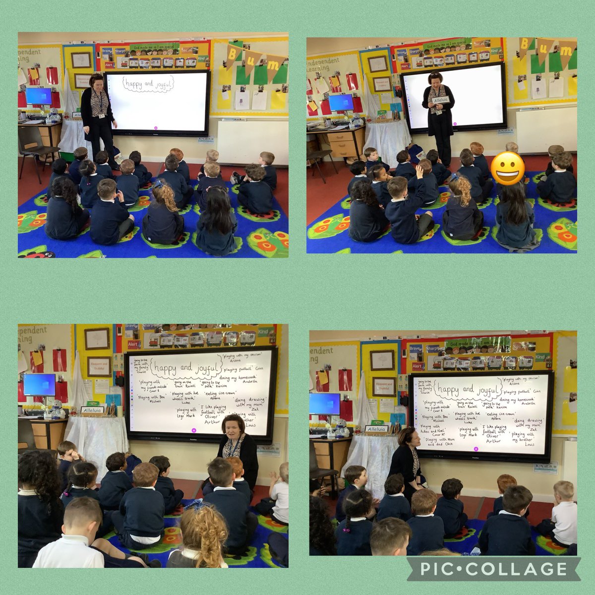 Nursery are sharing what makes them happy and joyful this morning for our RE lesson.They all listened to each other and shared some lovely ideas. @OurLadyandAllS1