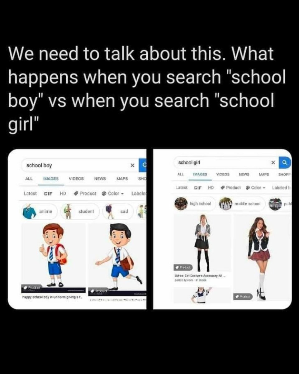 @womensrights_news: 'We need to talk about this. What happens when you search 'school boy' vs when you search 'school girl'.' Post by @womensrights_news on Instagram ❤️