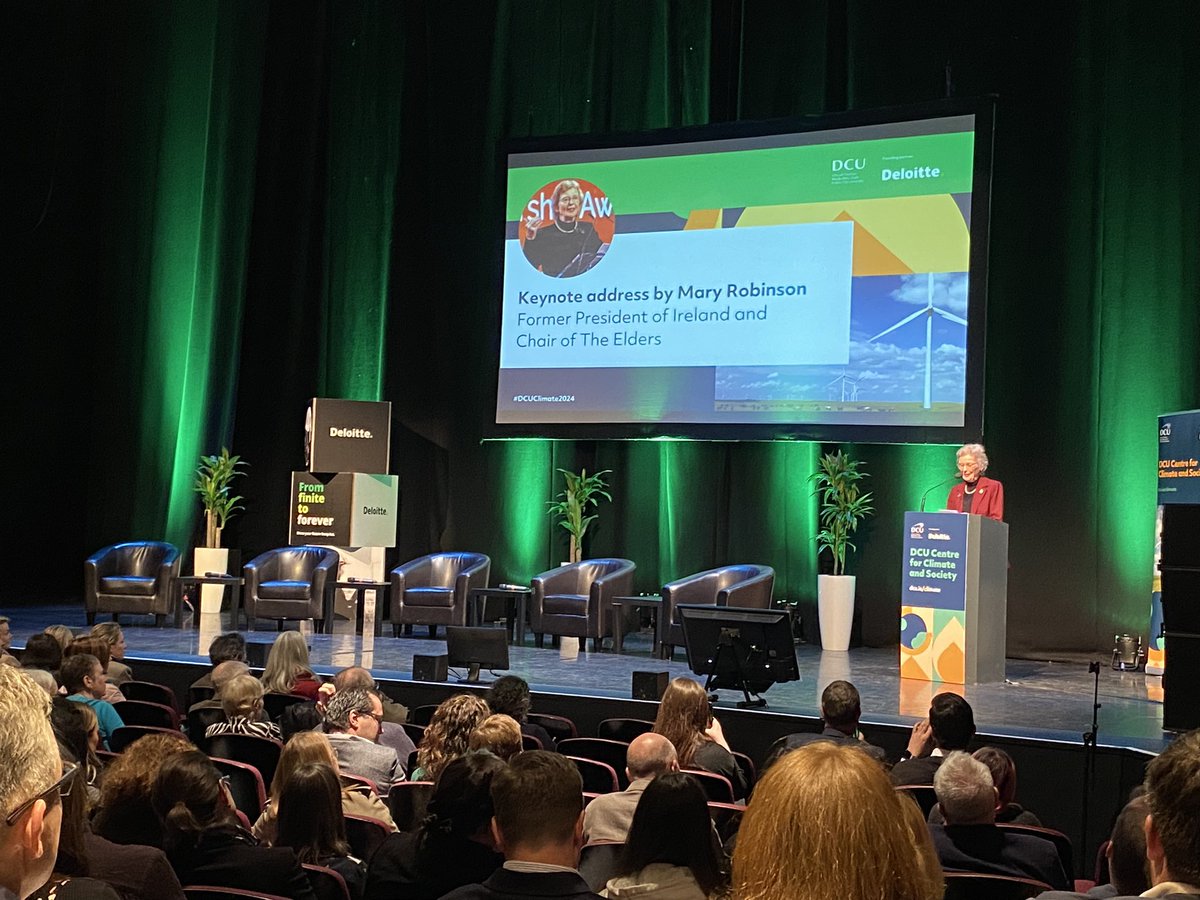 Mary Robinson says that climate injustice is also racial injustice as people of colour experience the effects sooner and more acutely in her keynote address to the @DCUClimate Conference this morning #DCUClimate2024