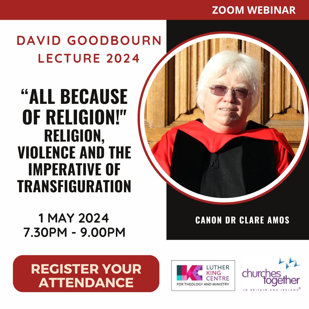 2 WEEKS TO GO! David Goodbourn Lecture 2024 Dr Clare Amos “All because of religion!” Religion, violence and the imperative of transfiguration Webinar 1 May, 7.30-9pm Explore how to make sense of the complex relationship between religion and violence. ctbi.org.uk/david-goodbour…