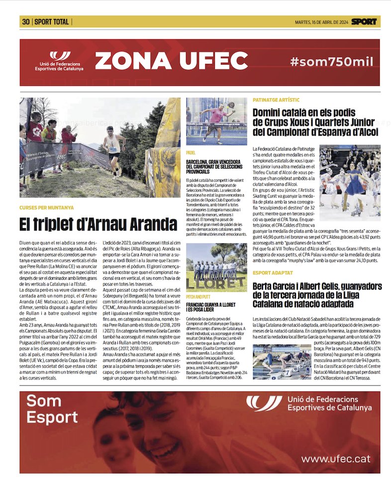 🗞️ A les pàgines de l' @sport @UFECcat més enllà de la prèvia de la @ChampionsLeague hi trobem aquest espai per les Curses per Muntanya amb el triplet de l'@Arnau_Aranda 🏃‍♂️⛰️

#sentlamuntanya #sommuntanya #cursesfeec