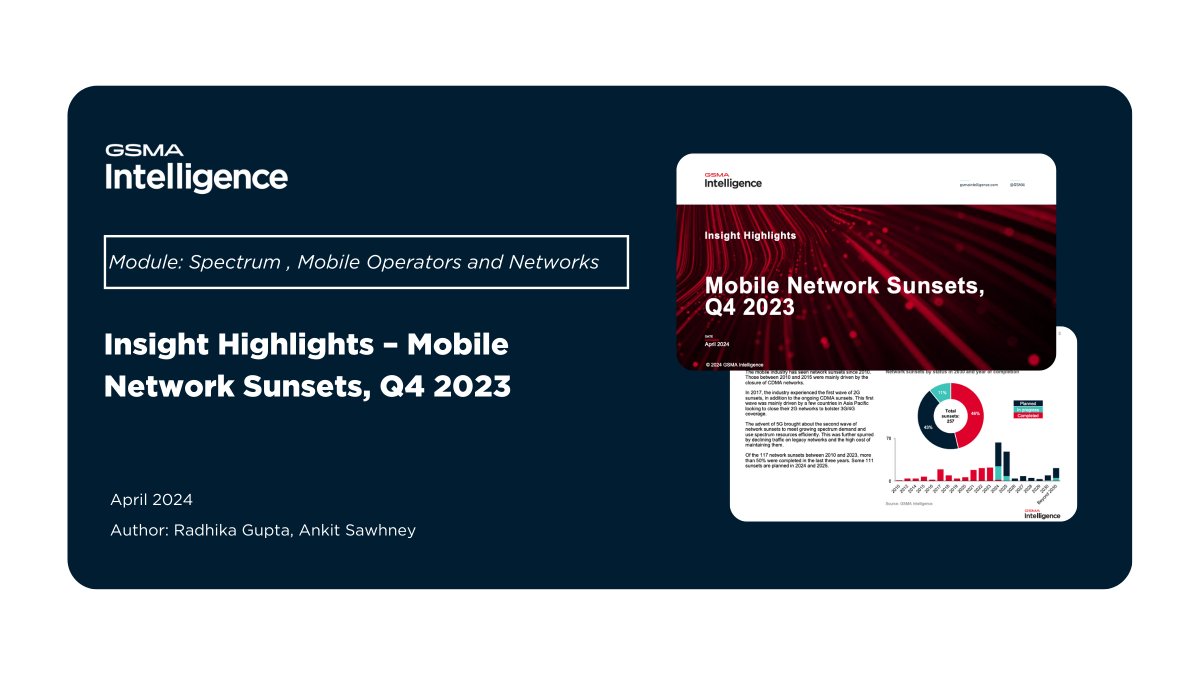 NEW report - Insight Highlights – Mobile Network Sunsets, Q4 2023 The series leverages data from the Network Sunsets Dashboard to identify key trends and present a view of the outlook for network sunsets. data.gsmaintelligence.com/research/resea…