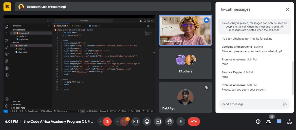 dabi_ayu's tweet photo. Hi there, up to talk about last week's take away on the She Code Africa Academy program. Learnt more about the video tag (got to do a poster and made text pop up in intervals💃), audio tag and iframes . check out what what i did(No CSS) https://exquisite-quokka-07a5ea.netlify. https://t.co/h3vyrHJ2YD