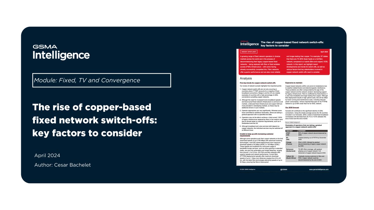 NEW report - The rise of copper-based fixed network switch-offs: key factors to consider This report highlights recent developments and trends for switch-offs, as well as various factors that key stakeholders involved in copper-network switch-offs data.gsmaintelligence.com/research/resea…