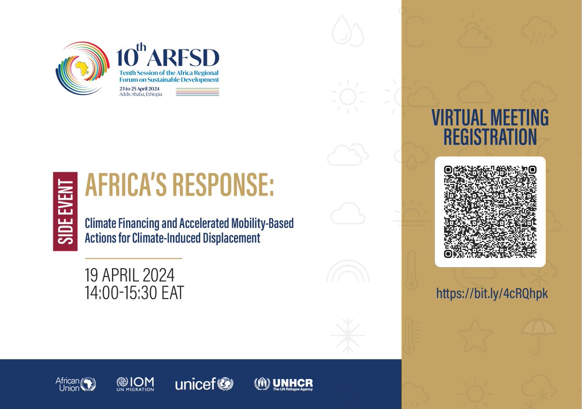 Don't miss our #ARFSD side event! A policy dialogue on context & priorities to address climate mobility challenges, climate adaptation initiatives, & opportunities for accessing climate financing for Africa. 📆Fri, 19 April ⏰14:00-15:30 GMT+3 🔗Register bit.ly/4cRQhpk