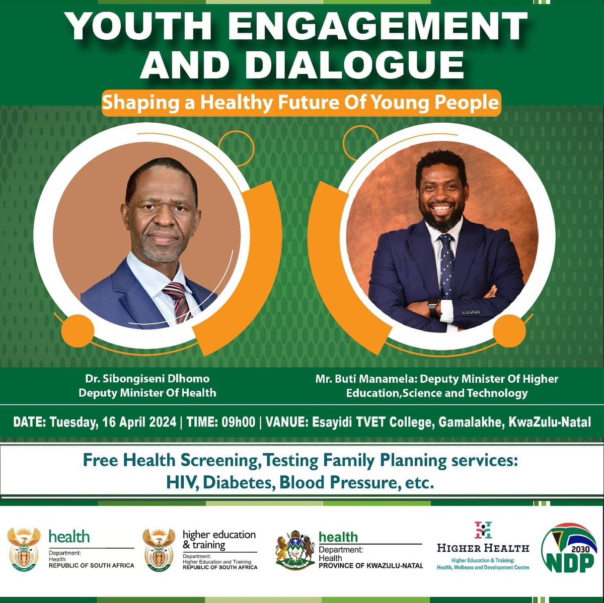 Today, Higher Health, in collaboration with Department of Health & Esayidi TVET College, is hosting a Youth Engagement and Dialogue event at the Gamalakhe campus in KwaZulu-Natal attended by our Deputy Minister, Mr @ButiManamela & Deputy Minister of Health, Dr Sibongiseni Dlhomo.