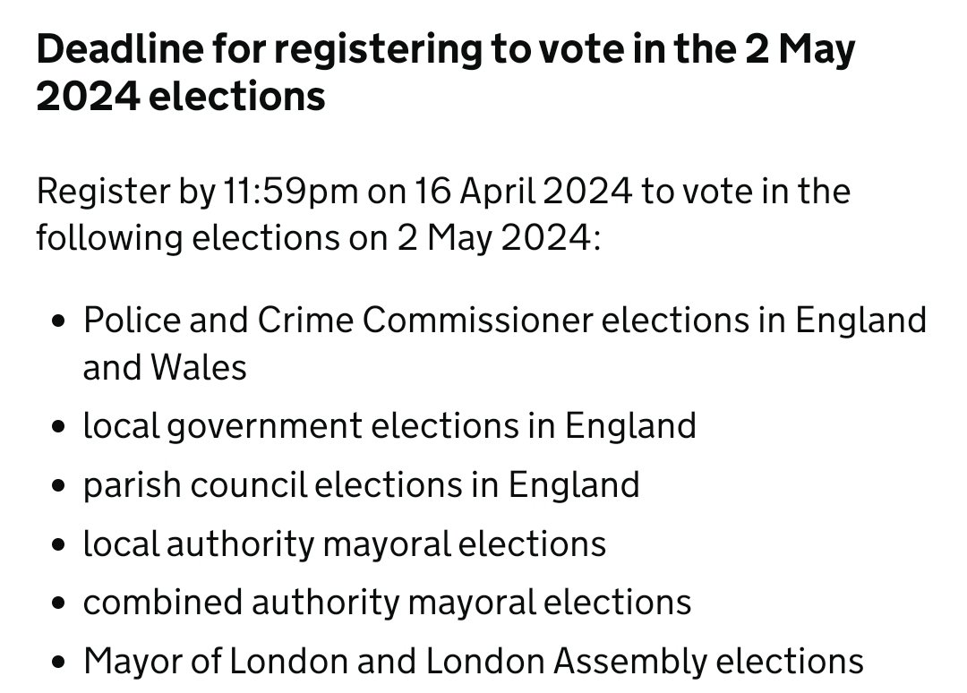 Today is the last day to register to vote in the May elections. Registration link below These include elections for Police & Crime Commissioners 'PCCs' PCCs hire and fire police Chiefs, determine local policing priorities & hold force police budgets gov.uk/register-to-vo…