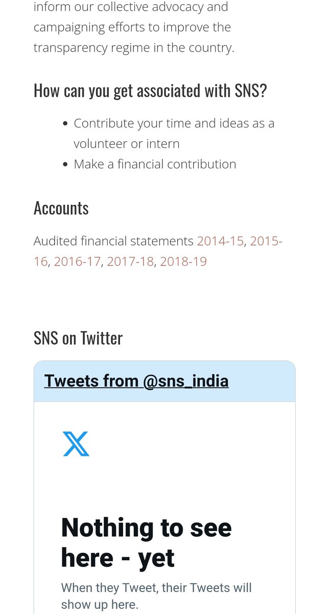 @AnjaliB_ @AnjaliB_ , You are ask about government accountability and your doing it agressivaly doing that , No issue.

But wht about your organisation Satark Nagrik Sangathan SNS , you have not uploaded your audit report from last Six year's. 😤  
Isn't this Hippocracy?