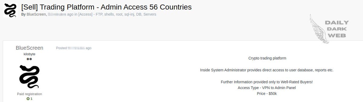 A threat actor claims to be selling unauthorized VPN access to the admin panel of a crypto trading platform (56 countries) Price: $50,000 #DarkWeb #access #VPN #adminpanel #crypto