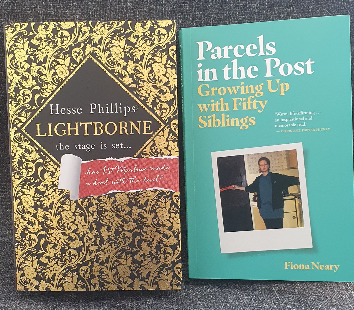You wait ages for clients' finished copies to arrive, and then two come together. Delighted to get my copies of #Lightborne by @HessePhillips (@AtlanticBooks) and #Parcelsinthepost by Fiona Neary (@NewIslandBooks), both publishing in May.