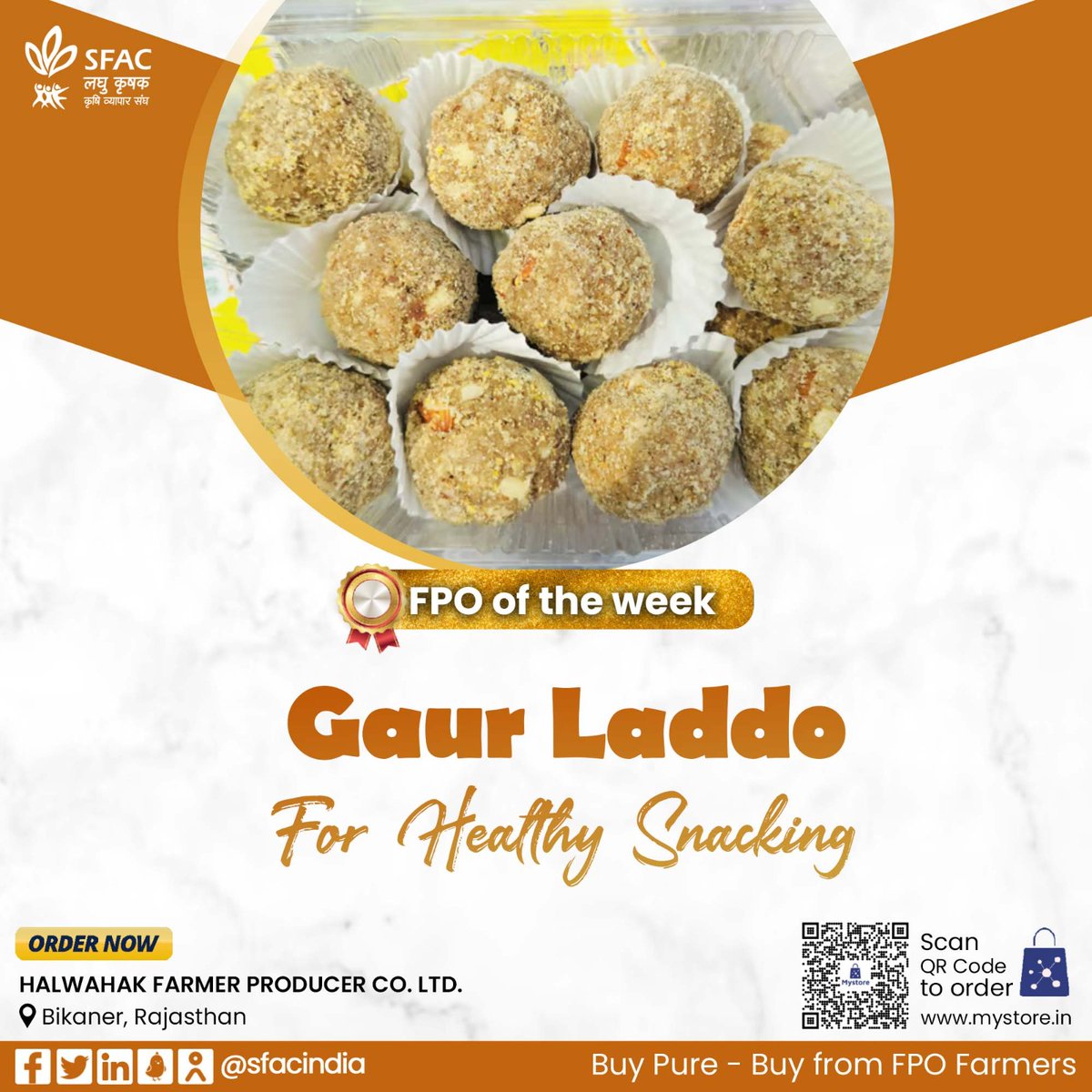 This Pearl Millet Laddu is rich in fiber & protein. It boosts immunity & detoxifies the body. Enjoy the unmatched taste anytime, anywhere. Buy from FPO farmers at👇 mystore.in/en/product/gau… 😋 @AgriGoI @RajCMO @ONDC_Official #VocalForLocal #healthyeating #healthyhabits