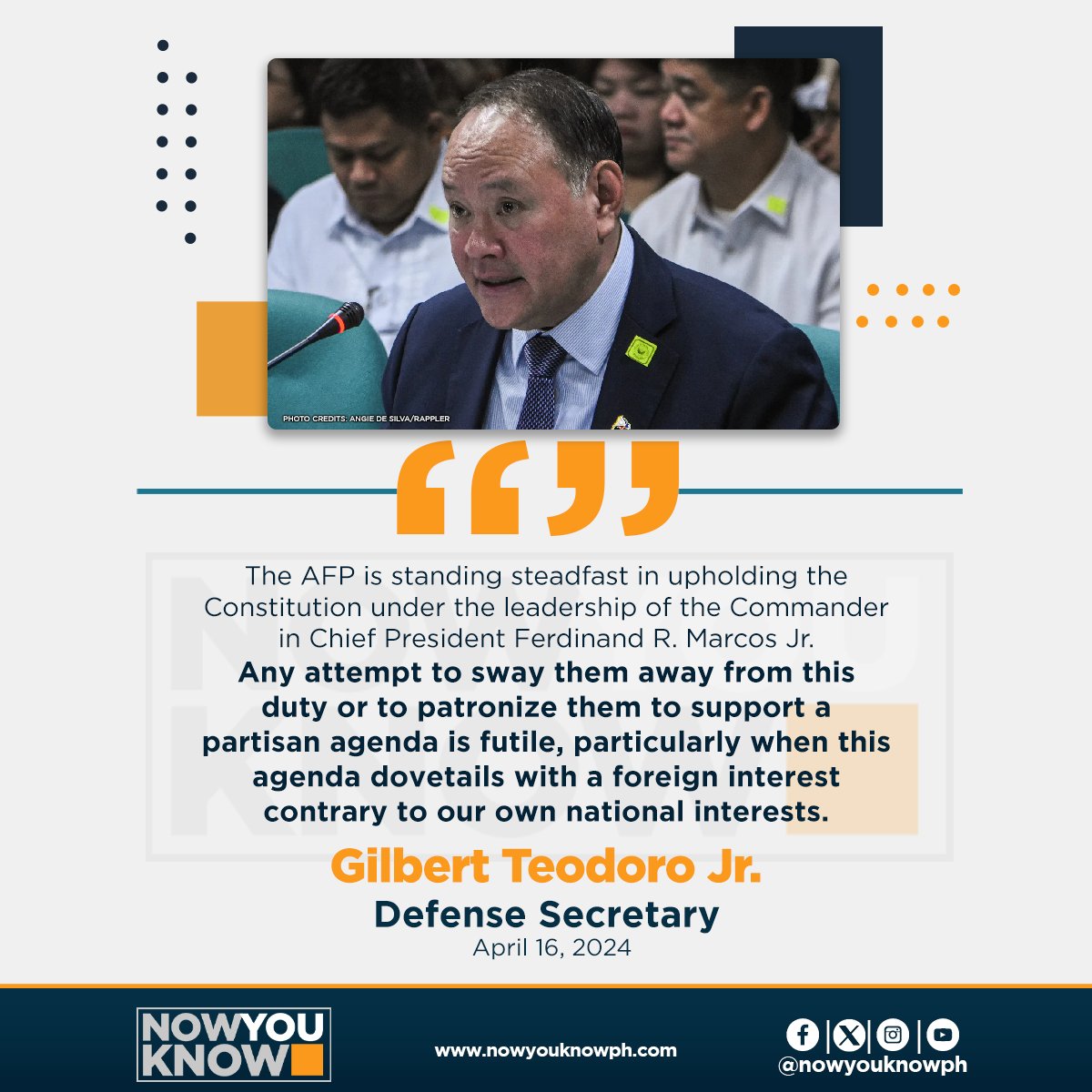 Defense Secretary Gilberto Teodoro Jr. on Tuesday called “futile” any attempts to make the Armed Forces of the Philippines (AFP) turn against the Constitution and the current administration. READ: bitly.ws/3i7eQ 📰 Inquirer.net