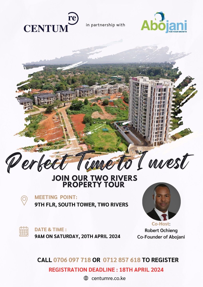 Interested in property investing? @CentumRE invites you to an investor tour of their developments at Two Rivers, on 20/4/24. Book your space by 18/4/24 through 0706 097 718 or 0712 857 618 @TwoRivers_KE @TheAbojani