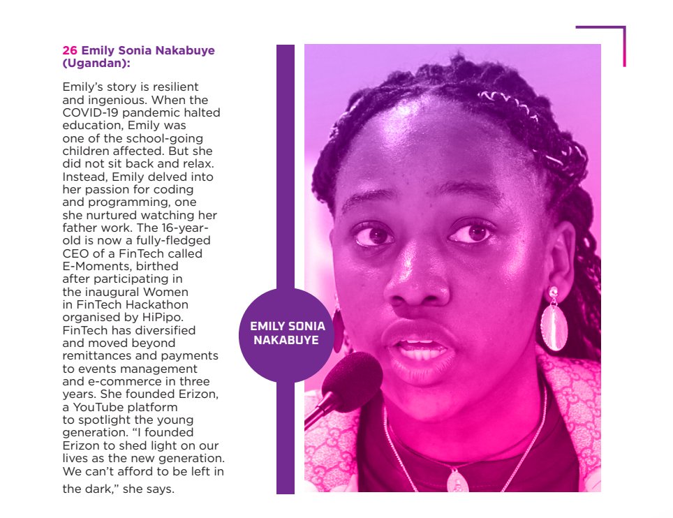 2024 Top 100 #WomenInFinTech 👇👇 26. @Queen_Emilliana (Ugandan): Emily turned adversity into opportunity during the COVID-19 pandemic by launching E-Moments, a FinTech startup, at just 16. Inspired by her father's work, she ventured into coding and programming and later founded