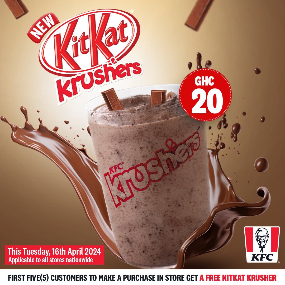 Come first enjoy for free a kitkat Krusher at any kfc branch nationwide #KFCKitKatKrusher
Don’t missed this