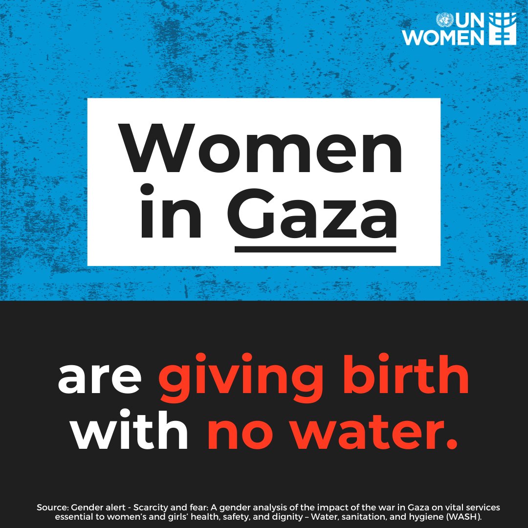 UN_Women's tweet photo. #Gaza is facing a water crisis.  

1.1 million women and girls lack sufficient safe water for their basic needs. They lack access to food and basic sanitation.  

Read our new Gender Alert: 
https://t.co/nC25usJOkM https://t.co/y3HV1ES20a