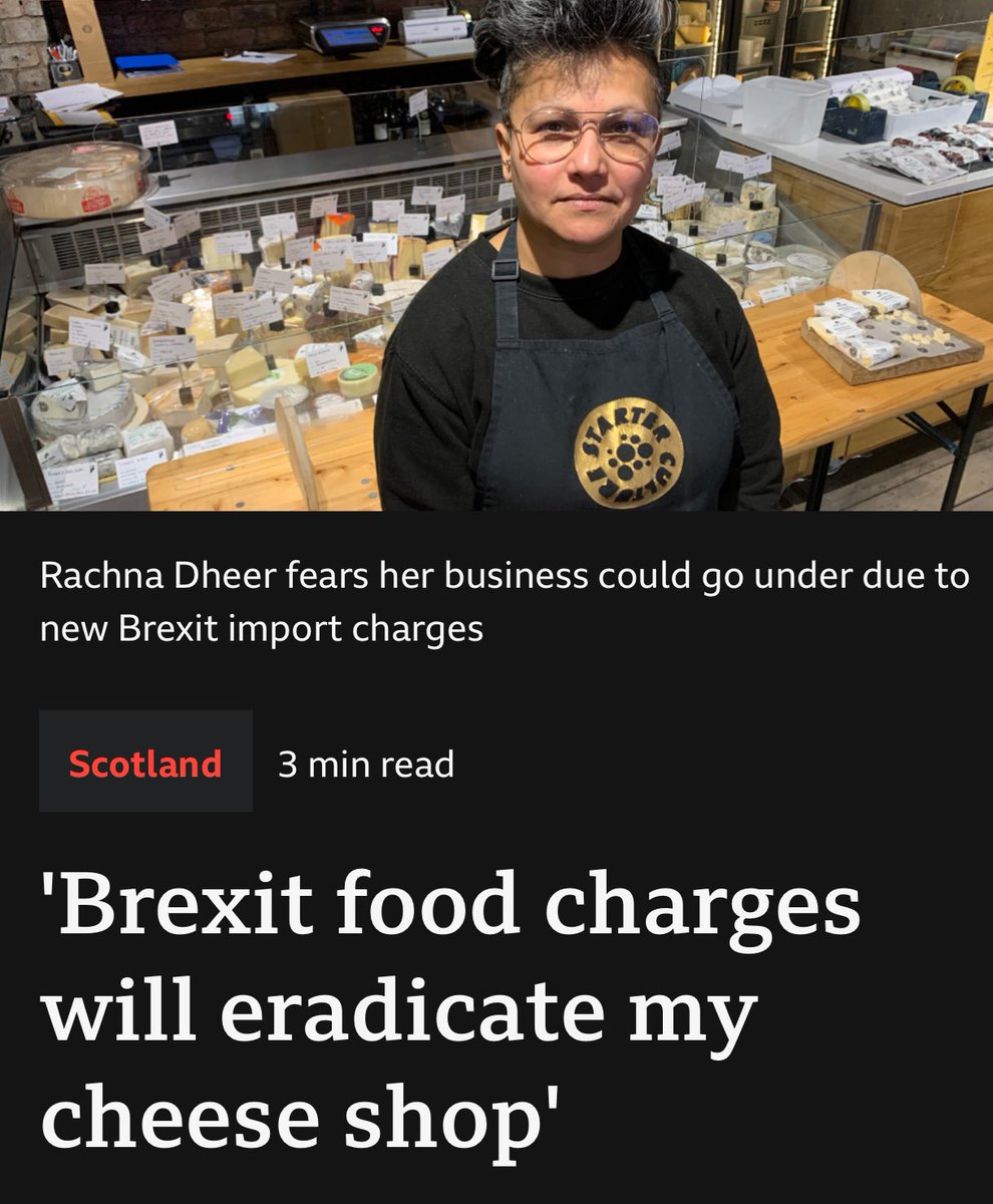 Brexit is destroying Britain’s food system as the world is marching towards WW3. ‘Brexit food charges will eradicate my cheese shop' bbc.co.uk/news/uk-scotla…