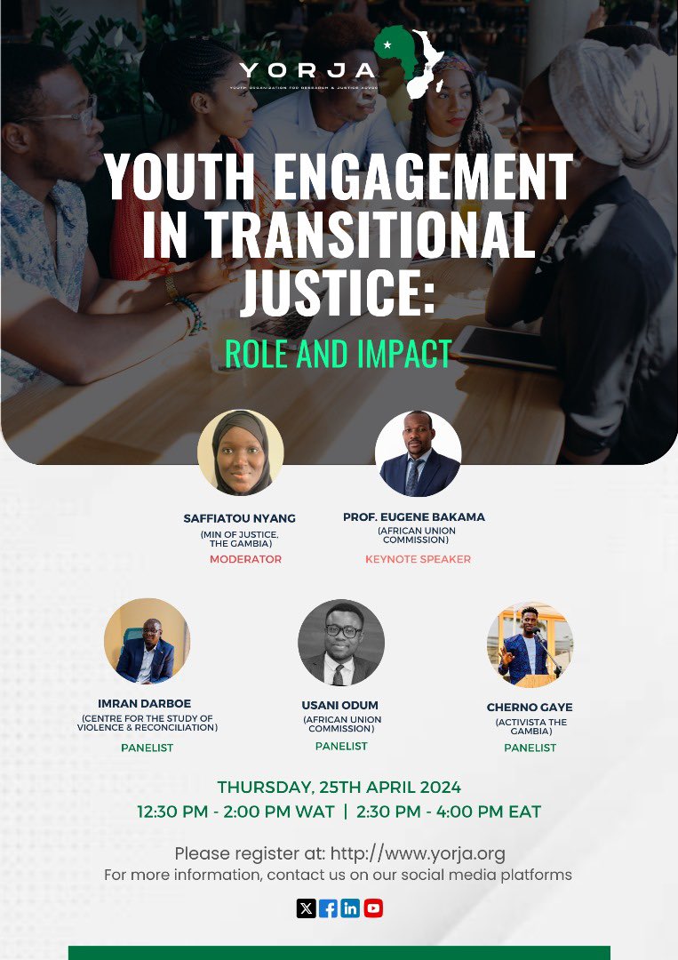 yorjaorg's tweet photo. Join us as we explore the roles of youths in transitional justice, discussing the experiences of youths actively involved in peacebuilding. 

Date: 25th April 2024

Time: 12:30 pm WAT &amp; 2:30 pm EAT

Register at https://t.co/FpQ50Dy2bI https://t.co/T9gzMuntWC