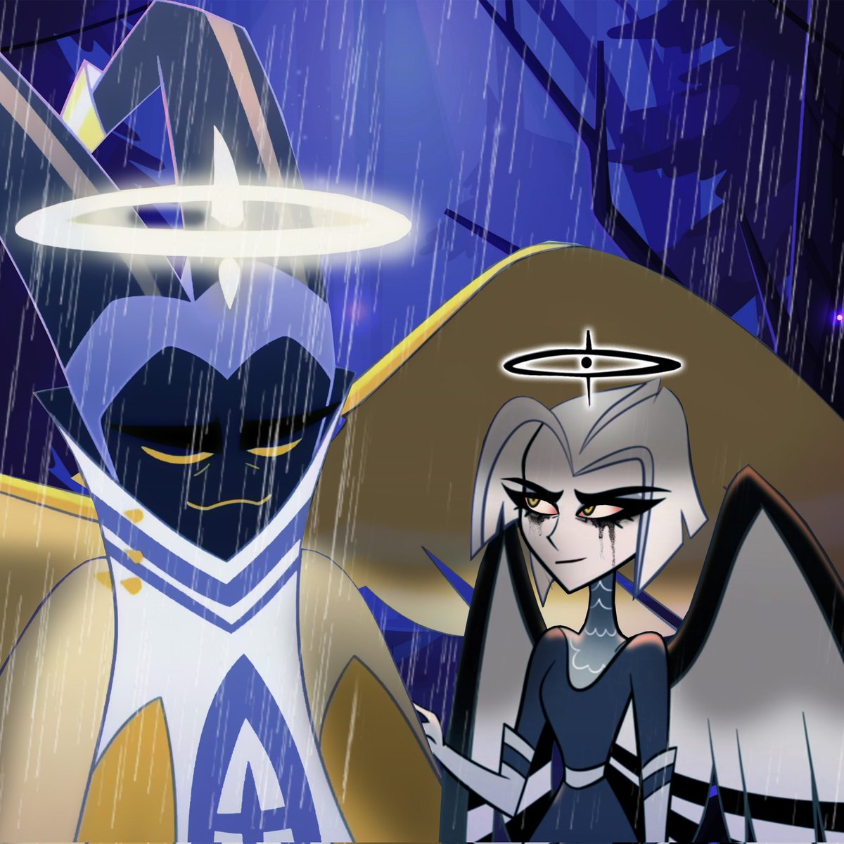 LuteDangerTitss's tweet photo. Adam and Lute in the rain.
Lute was crying because she's afraid of losing him, Adam protects her from the rain with his wing❤️

On Thursday i will publish the video of this scene with music, it will be emotional.

#GuitarSpear #GuardRock #Adamxlute #HazbinHotelAdam https://t.co/ss17lq07KE